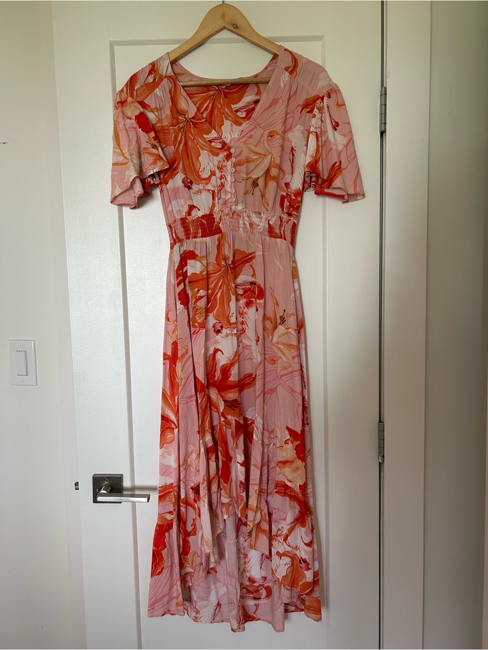 Floral Pink and Orange Midi Dress - Elastic Waist, Short Sleeve